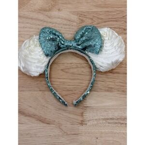 Disney Minnie Ears Headband Teal Sequin Bow White Rosette Ears Parks Bridal #62